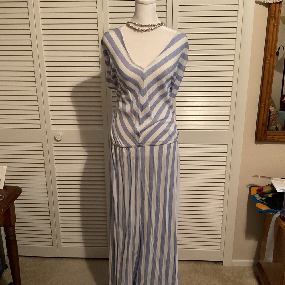 Catherines Light Blue and White Striped V-Neck Jumpsuit